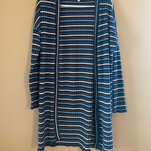 Ultra Hirt blue, brown, white striped cardigan.